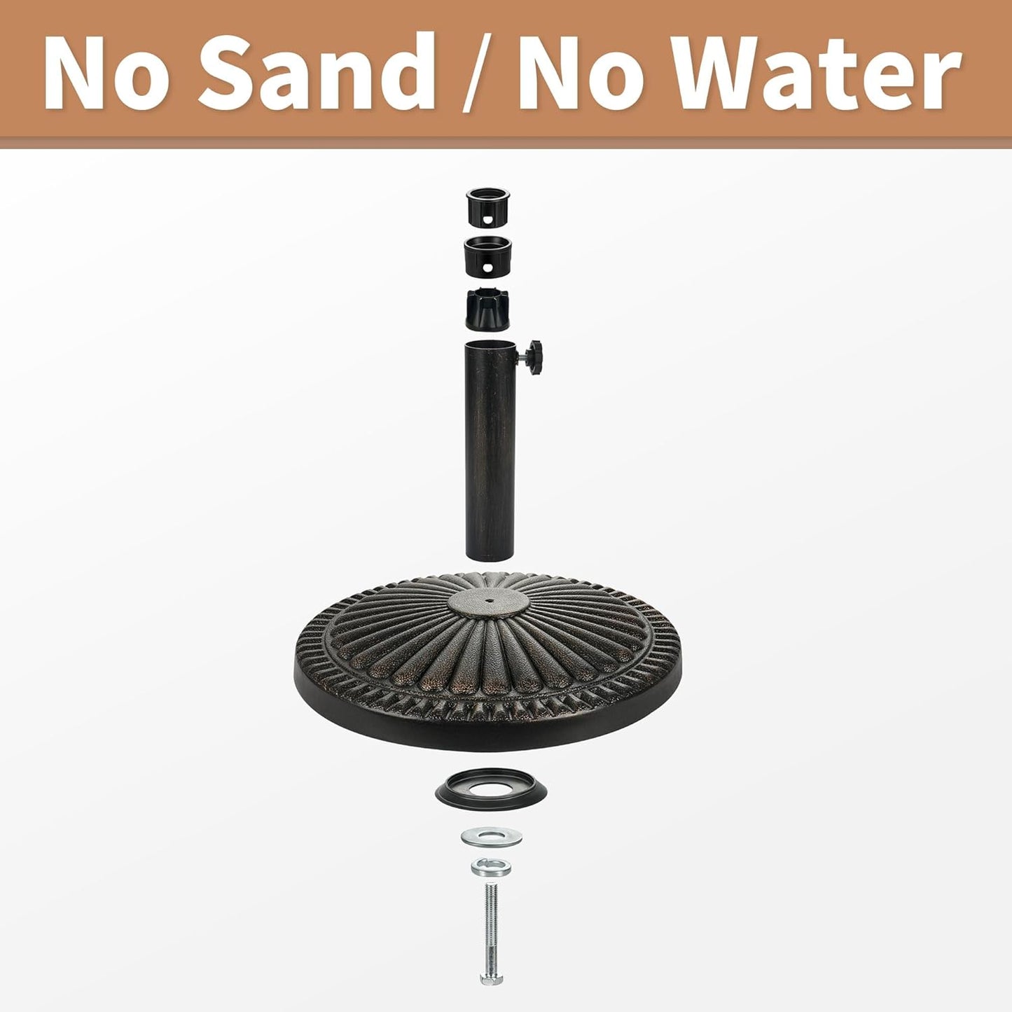 SUNGUARD UMBRELLAS Round Patio Umbrella Base, Bronze Resin Concrete Outdoor Market Umbrella Stand with Adjustable Pole Reducers, Tension Screw, Fits Up to 1.9 in Poles, for 7 ft to 11 ft Patio Umbrellas
