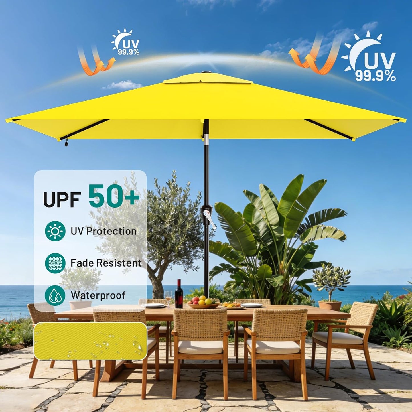 SUNGUARD UMBRELLAS Rectangular Solar LED Patio Umbrella, Outdoor Market Table Umbrella with 16 Solar Lights, Crank Lift, Push-Button Tilt, Vented Water-Repellent Canopy, Yellow, Base Not Included
