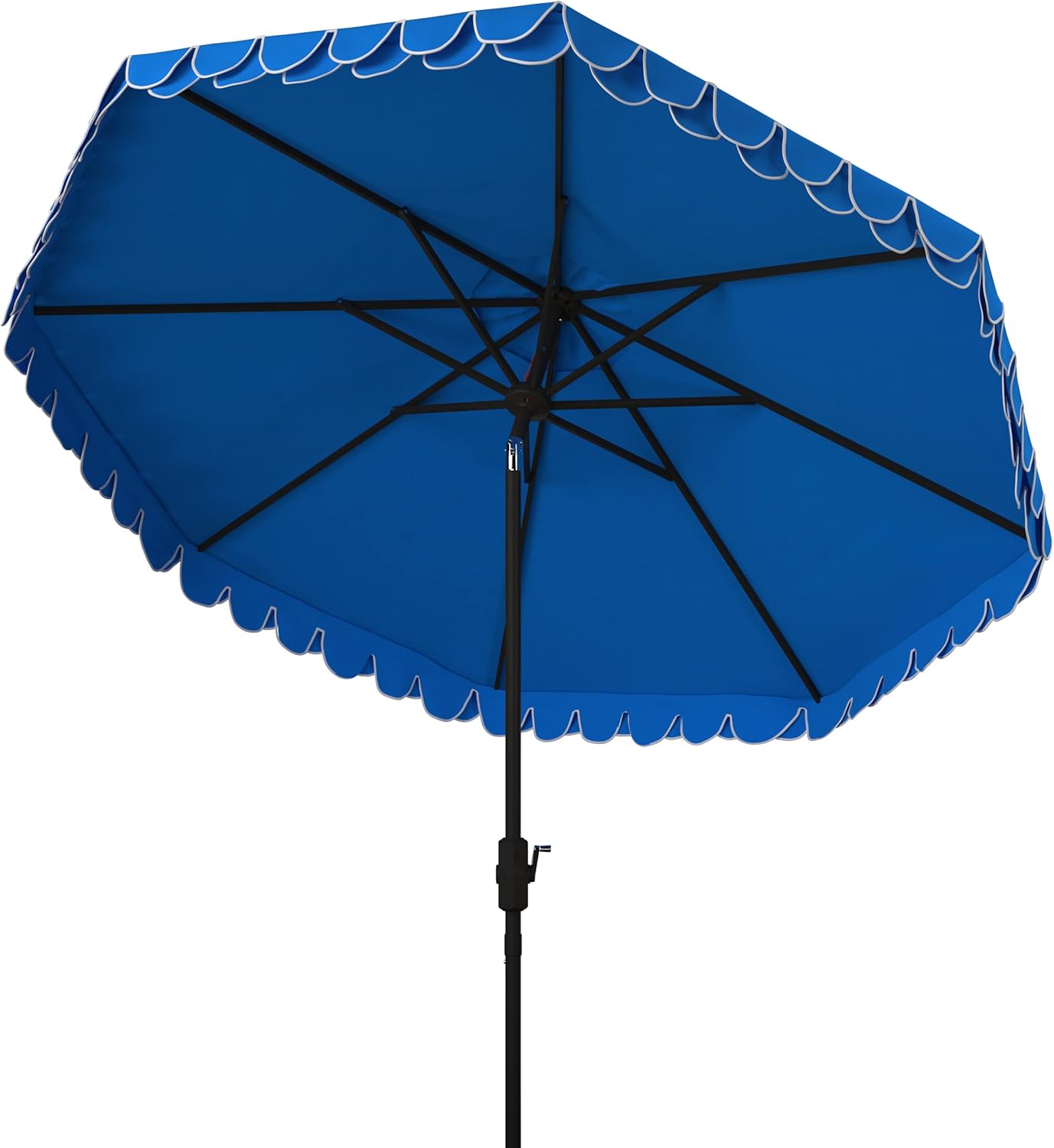 SUNGUARD UMBRELLAS 9 ft Valance Patio Umbrella, Round Outdoor Market Umbrella with Crank Lift, Auto Tilt, Decorative Petal Trim, Polyester Canopy, Brown Aluminum Pole, Pacific Blue