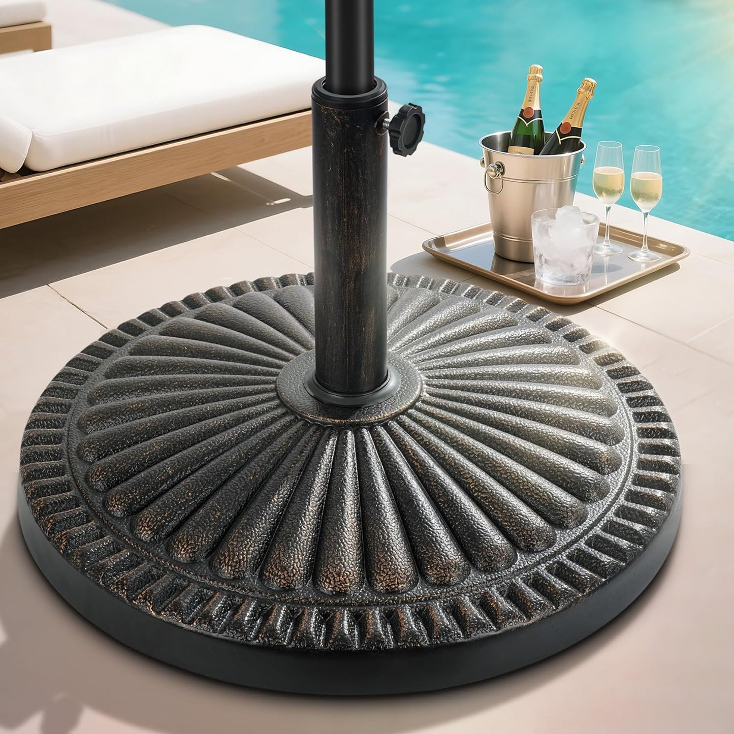 SUNGUARD UMBRELLAS Round Patio Umbrella Base, Bronze Resin Concrete Outdoor Market Umbrella Stand with Adjustable Pole Reducers, Tension Screw, Fits Up to 1.9 in Poles, for 7 ft to 11 ft Patio Umbrellas