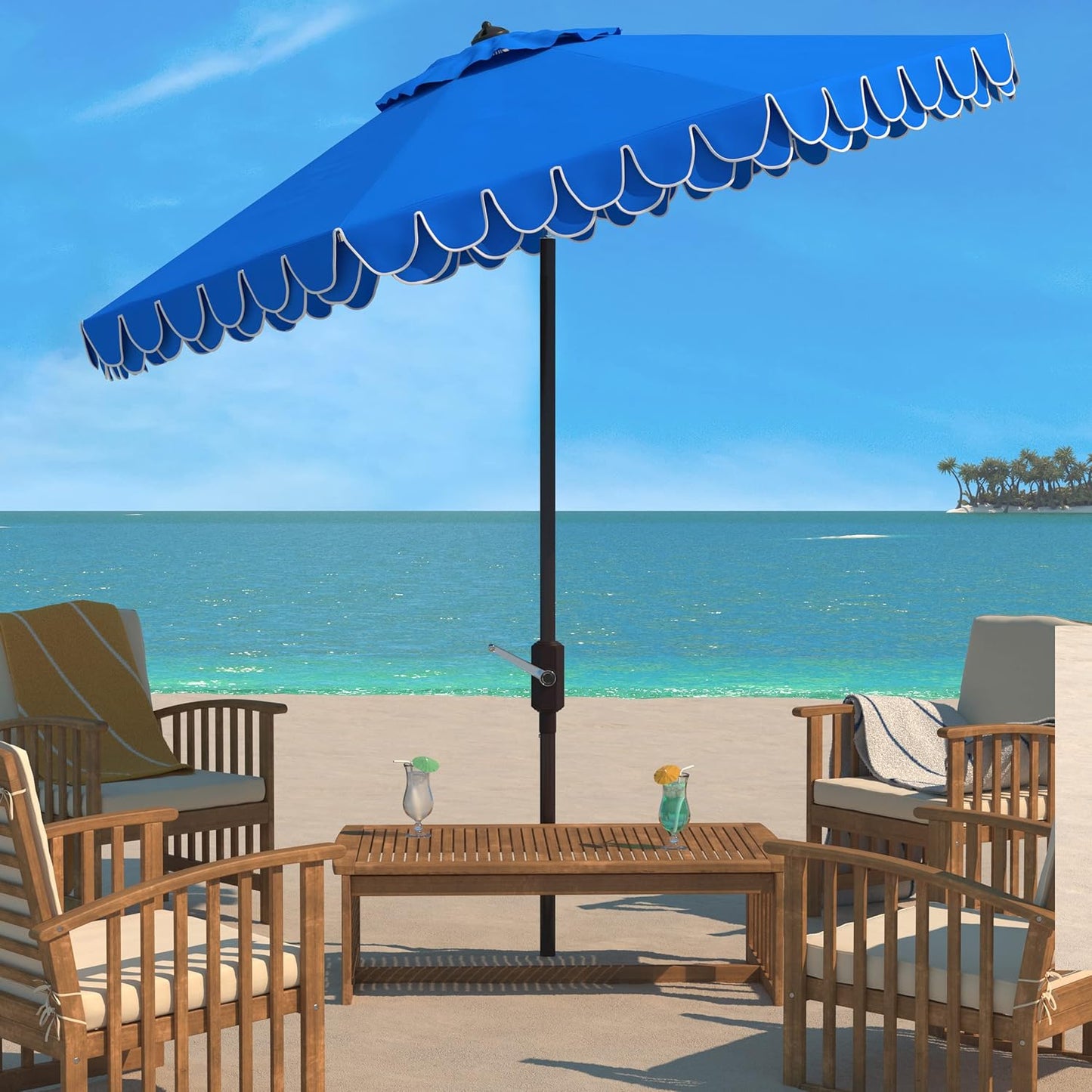 SUNGUARD UMBRELLAS 9 ft Valance Patio Umbrella, Round Outdoor Market Umbrella with Crank Lift, Auto Tilt, Decorative Petal Trim, Polyester Canopy, Brown Aluminum Pole, Pacific Blue