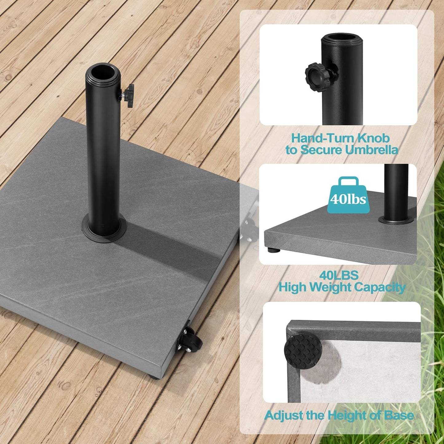 SUNGUARD UMBRELLAS 43 lb Square Patio Umbrella Base with Wheels, Pre-Filled Concrete Outdoor Market Umbrella Stand, Powder-Coated Steel, Gray, Fits 1.37 in, 1.5 in, and 1.9 in Poles