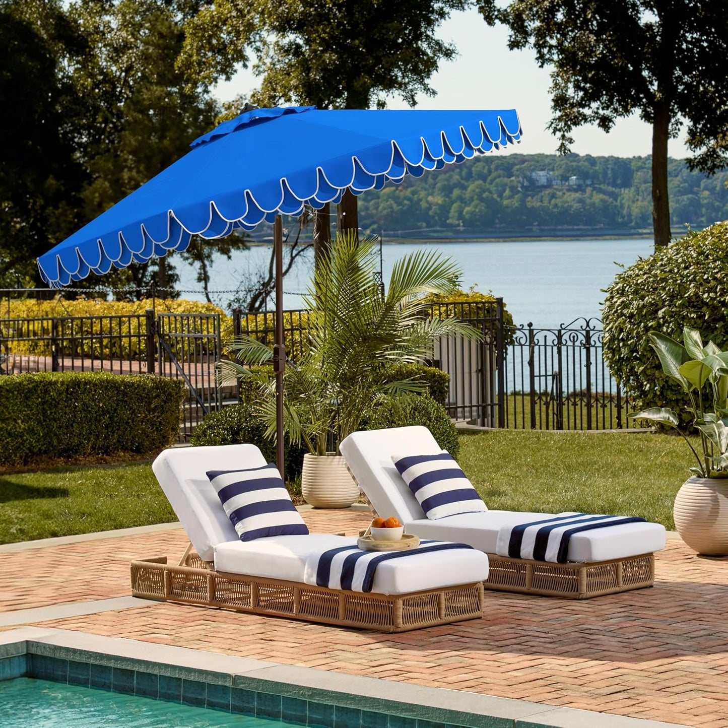 SUNGUARD UMBRELLAS 9 ft Valance Patio Umbrella, Round Outdoor Market Umbrella with Crank Lift, Auto Tilt, Decorative Petal Trim, Polyester Canopy, Brown Aluminum Pole, Pacific Blue