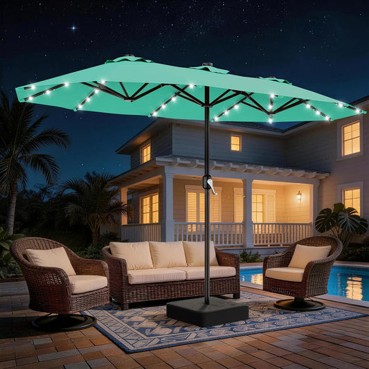 SUNGUARD UMBRELLAS 13 ft Solar LED Double-Sided Patio Umbrella, 6.5 ft x 13 ft Rectangular Outdoor Market Umbrella with Crank, Cross Base and Cerulean UV-Resistant Canopy