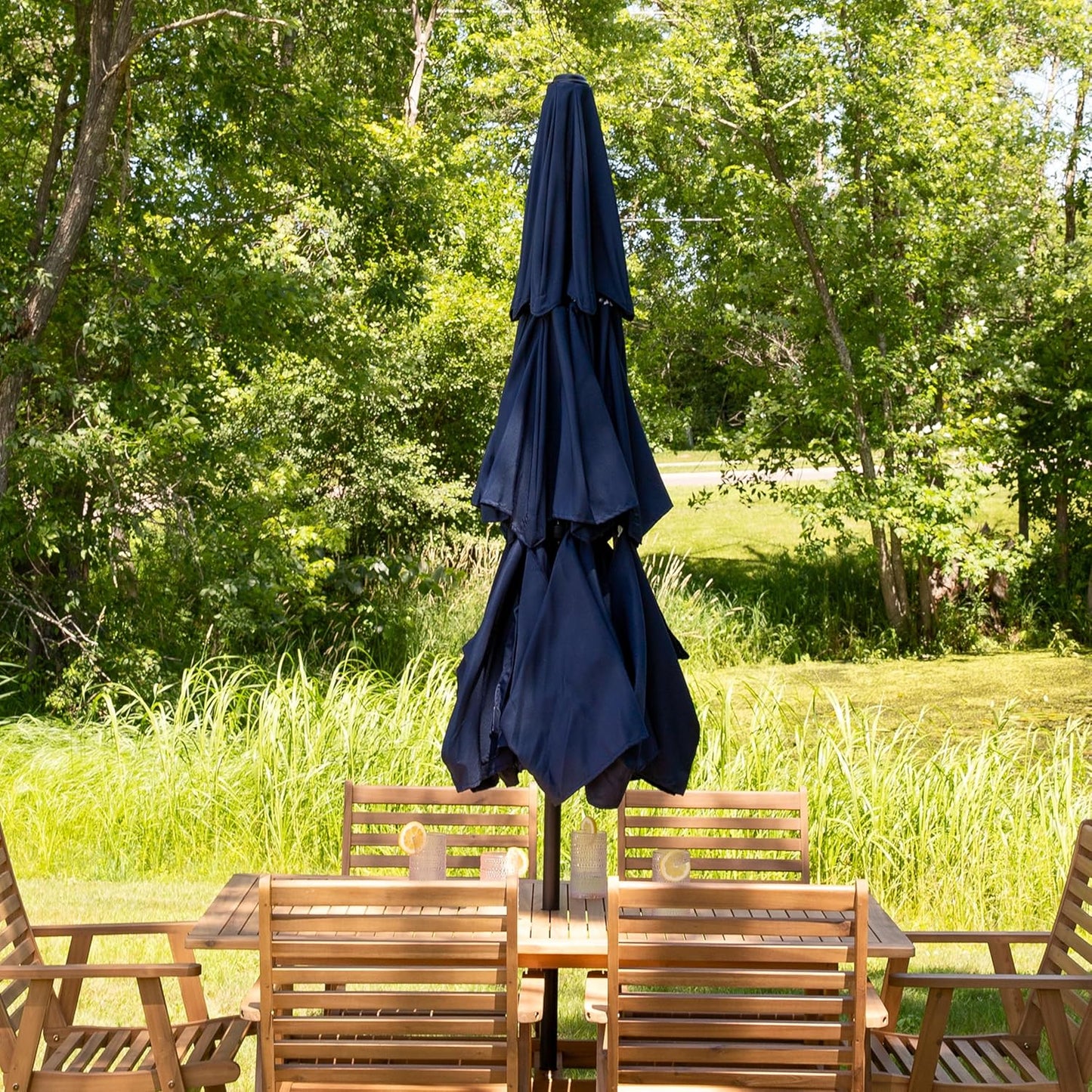 SUNGUARD UMBRELLAS 10 ft 3-Tier Solar LED Patio Umbrella, Outdoor Market Table Umbrella with 24 LED Lights, Crank Lift, Push-Button Tilt, Vented Polyester Canopy, 1.5 in Pole, Base Not Included