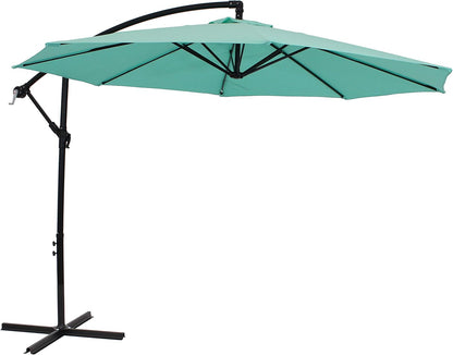 Turquoise patio umbrella with black stand on a white background